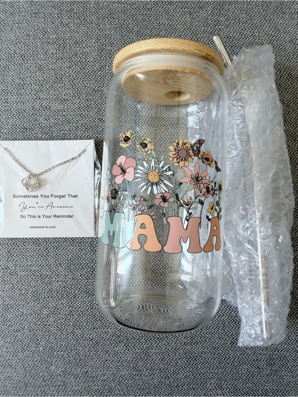 Floral "MAMA" Glass Water Bottle with Bamboo Lid - Picture 1 of 2